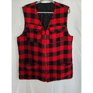 Vintage Buffalo Plaid Quilted Lined Vest Red‎ Black Lumberjack Outdoor Mens XL